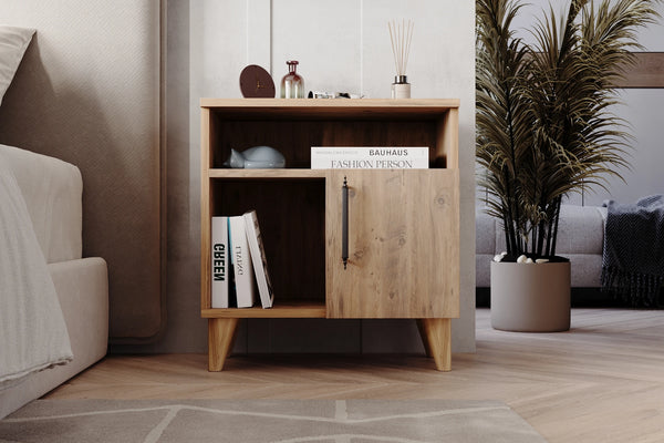 Detail of Kommen light pine cabinet metal handle and shelving - Sohowells