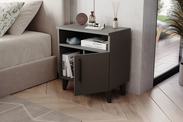 Angled view of Kommen anthracite bedside cabinet showing raised legs - Sohowells