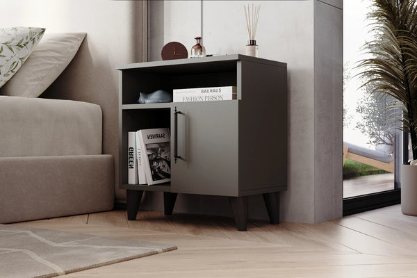 Kommen anthracite bedside cabinet shown in a bedroom setting - Sohowells