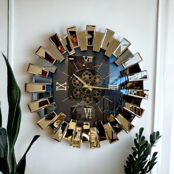 Piano Moving Gears Decorative Wall Clock Oversize Extra Large 32` Inch/80 cm Real Mirror & Glass Chrome