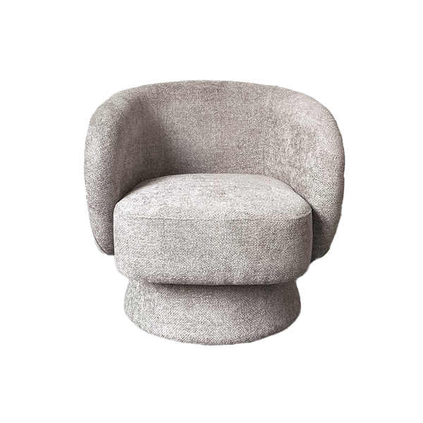 Rounded grey woven chenille swivel armchair with wrap around arms - Sohowells