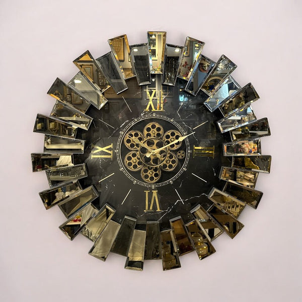 Piano Moving Gears Decorative Wall Clock Oversize Extra Large 32` Inch/80 cm Real Mirror & Glass Gold
