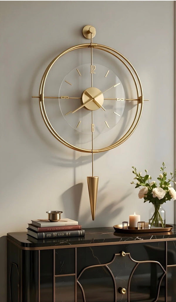 Decorative Wall Clock 48x60cm Gold Metal Frame Modern Large Design with Glass & Led Lights For Living Room, Hallway, Kitchen, Office,Bedroom