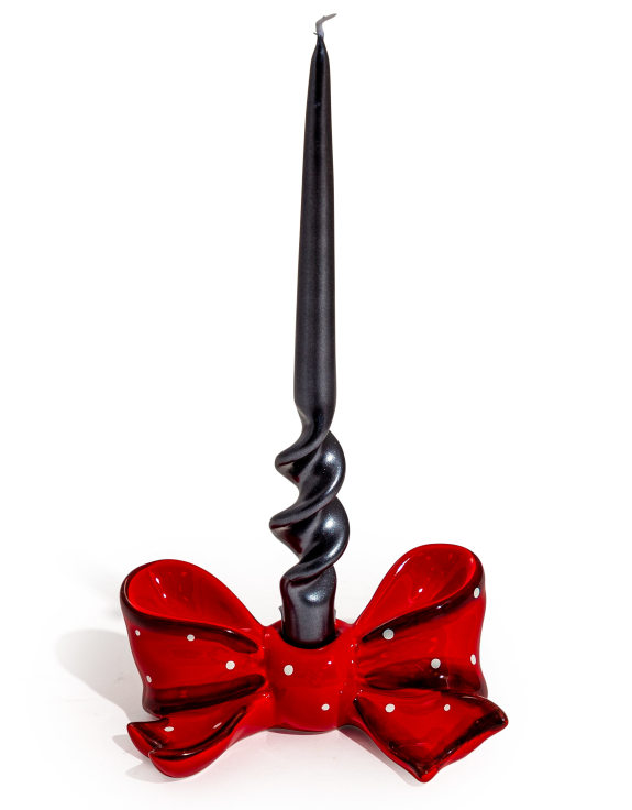 Ruby Red Spotted Ribbon Bow Ceramic Candle Holder (to be bought in qtys of 2)
