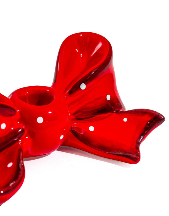Ruby Red Spotted Ribbon Bow Ceramic Candle Holder (to be bought in qtys of 2)