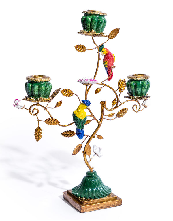 Antiqued Ornate Multi Branch Parrot Candle Holder