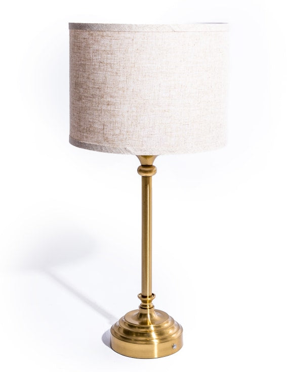 Large Classic Brass Rechargeable Table Lamp w/ Cylinder Oatmeal Shade
