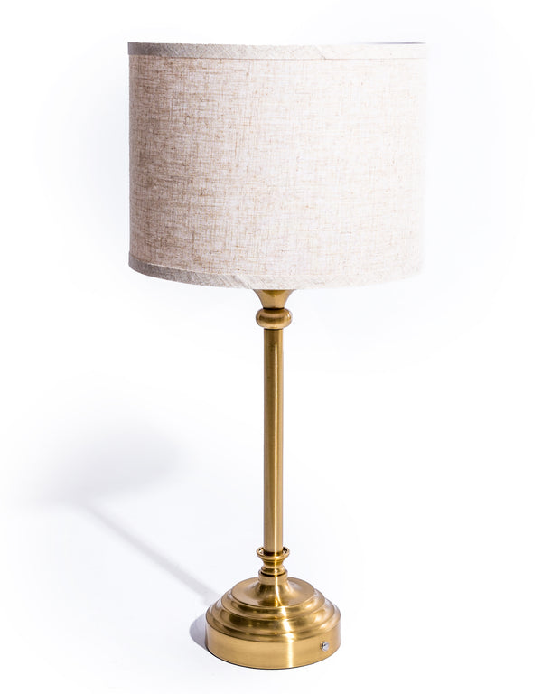 Large Classic Brass Rechargeable Table Lamp w/ Cylinder Oatmeal Shade