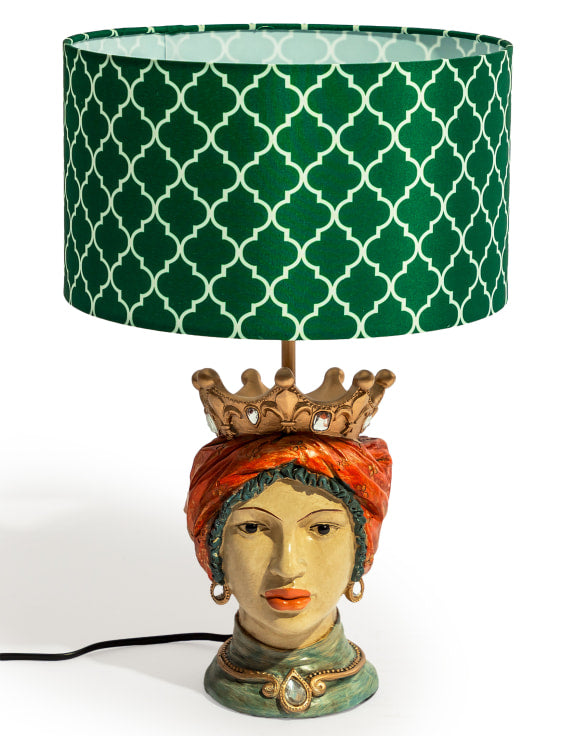 Sicilian Queen Moor Head Table Lamp w/ Green Pattern Shade