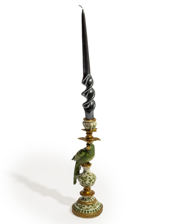 Antiqued Ornate Green/White Parrot Candle Holder - LH