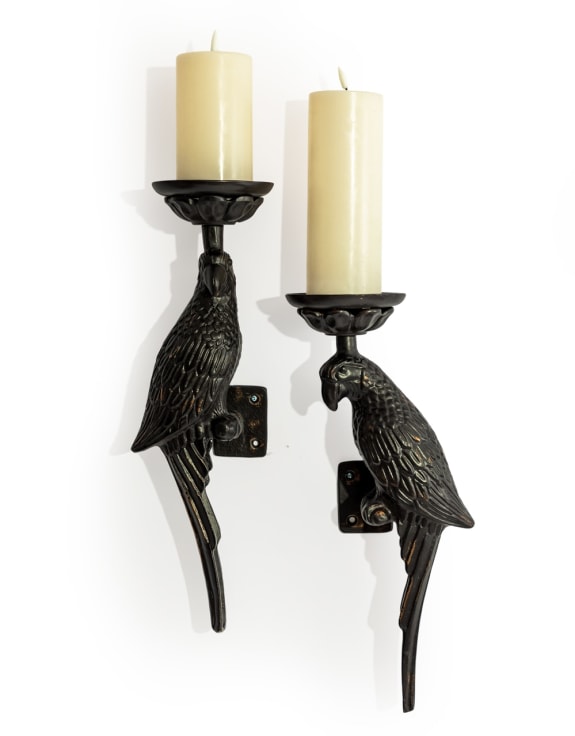 Pair of Large Distressed Black Metal Parrot Wall Sconces
