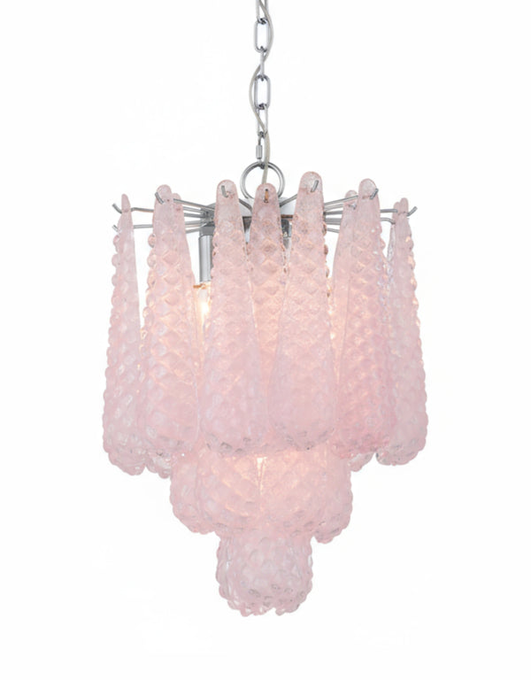 Chrome w/ Pink Bubbled Glass "Gicel" Chandelier