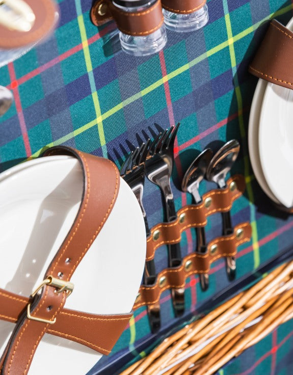 Luxury Tartan 4-Person Picnic Hamper w/ Leather Handles & Accessories