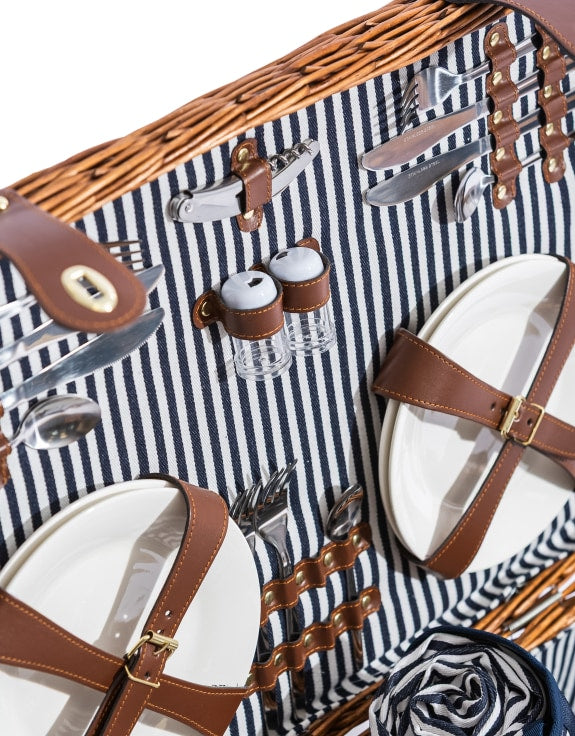 Luxury Pinstripe 4-Person Picnic Hamper w/ Leather Handles & Accessories