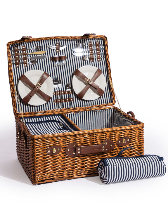 Luxury Pinstripe 4-Person Picnic Hamper w/ Leather Handles & Accessories