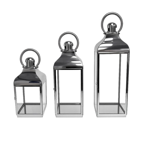 Medium Square Polished Steel and Glass Lantern