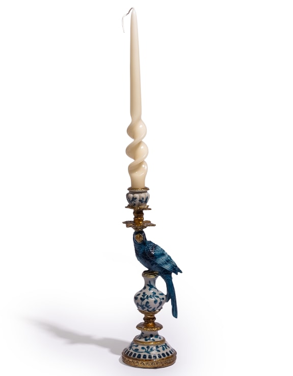 Antiqued Ornate Blue/White Parrot Candle Holder - RH