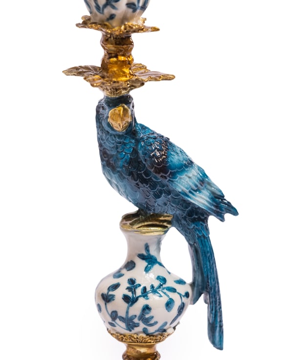 Antiqued Ornate Blue/White Parrot Candle Holder - RH
