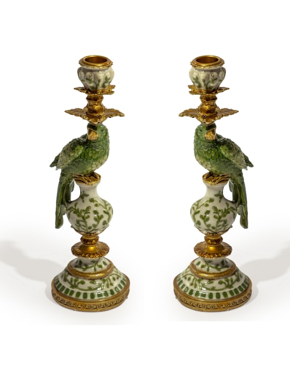 Pair of Antiqued Ornate Green/White Parrot Candle Holders