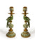 Pair of Antiqued Ornate Green/White Parrot Candle Holders
