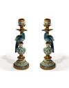 Pair of Antiqued Ornate Blue/White Parrot Candle Holder