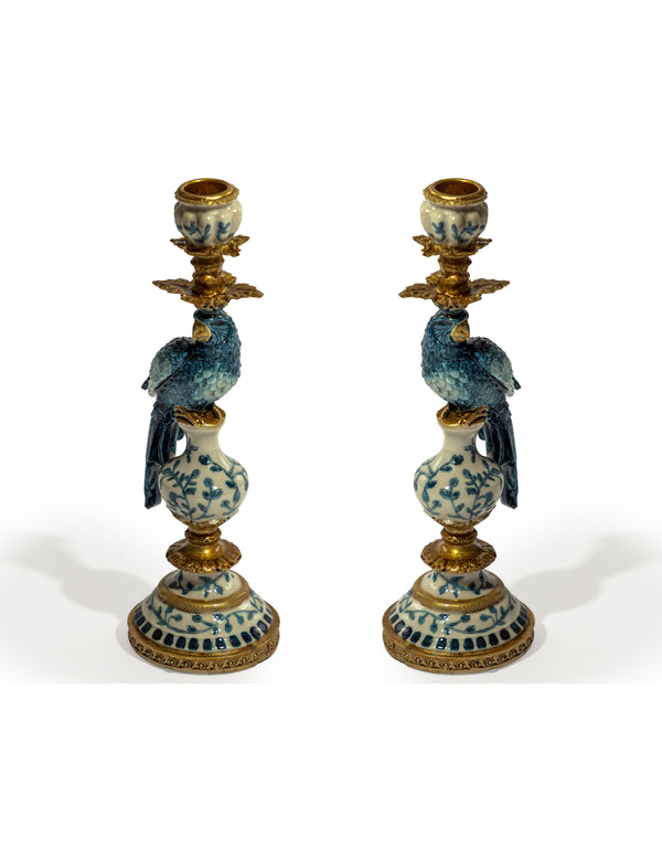 Pair of Antiqued Ornate Blue/White Parrot Candle Holder