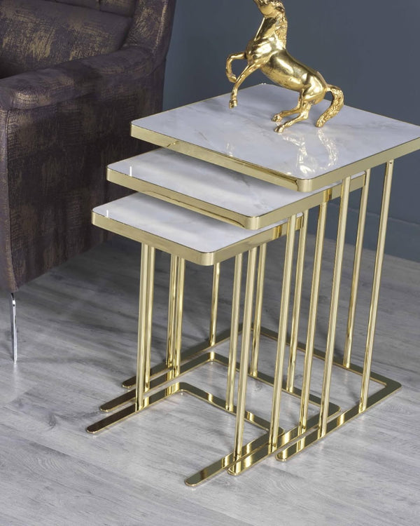 Reina Square Nest of Tables Set of 3 | High Gloss Membrane MDF Top & Gold Titanium Frame