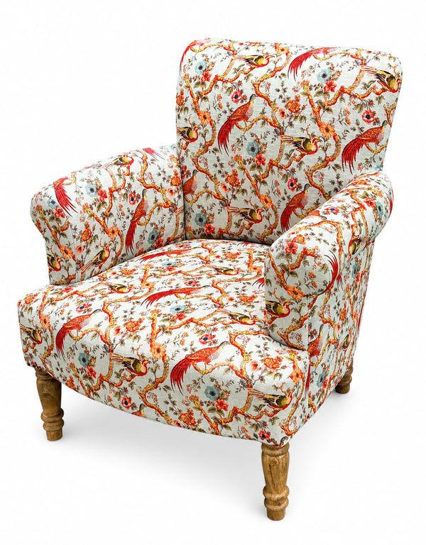 Oriental floral and birds patterned occasional armchair in cotton with mango wood frame - Sohowells