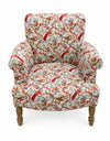 Side profile of oriental bird print occasional armchair showing mango wood arms and legs