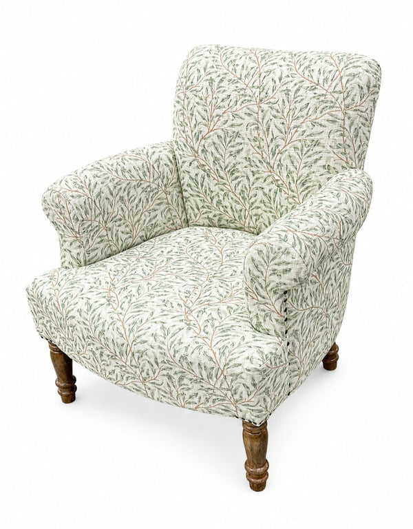 Green William Morris Willow Boughs patterned occasional armchair with solid mango wood frame and legs - Sohowells
