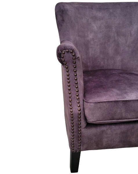 Smoky charcoal velvet studded armchair in a room setting - Sohowells