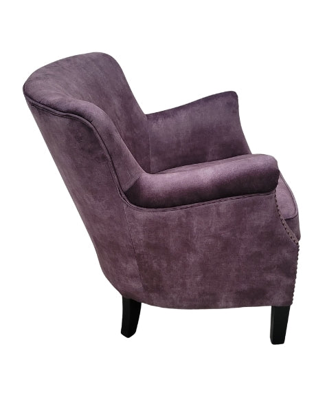 Charcoal velvet Cromarty armchair showing curved padded back - Sohowells