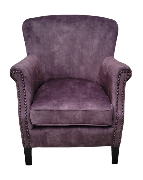 Charcoal velvet armchair detail showing rolled arm and contrast studding - Sohowells