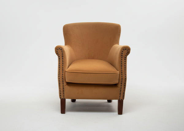 Brushed gold velvet occasional armchair shown from an alternative angle - Sohowells