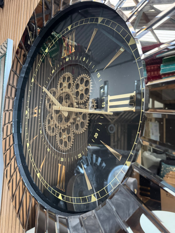 Daisy Moving Gears Decorative Wall Clock Oversize Extra Large 32` Inch/80 cm Real Mirror & Glass Chrome