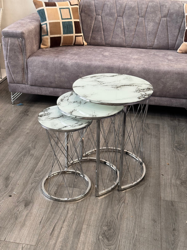Brooklyn Round Nest Of Tables Set - 3 Pieces Nesting Table Tempered Glass Top
