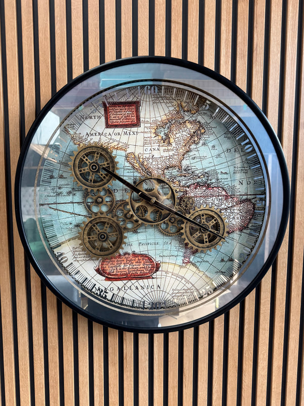 Exotic Map Moving Gears Decorative Wall Clock Oversize Extra Large 23 Inch/60 cm