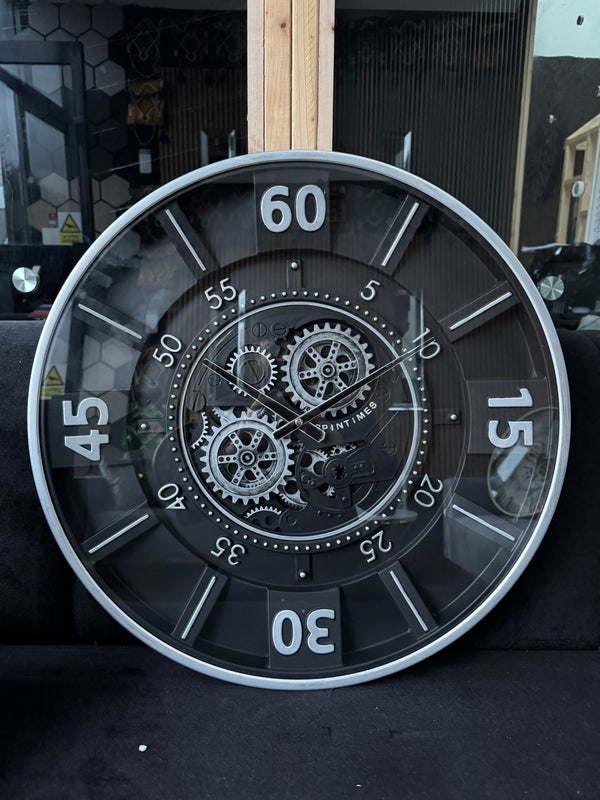 Milano Moving Gears Decorative Wall Clock Oversize Extra Large 23 Inch/60 cm Chrome