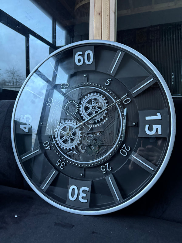 Milano Moving Gears Decorative Wall Clock Oversize Extra Large 23 Inch/60 cm Chrome