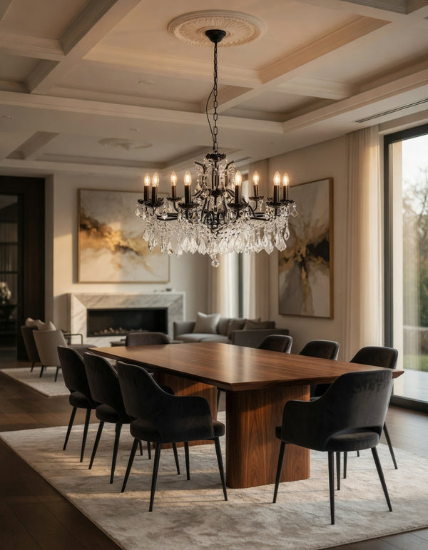 Large 12 Branch Matt Black Shallow Chandelier | Ceiling Light