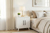 Angled view of Lumen matt white bedside cabinet showing raised legs - Sohowells