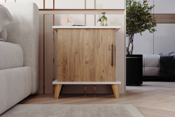 Adela light pine bedside cabinet shown in a bedroom setting - Sohowells