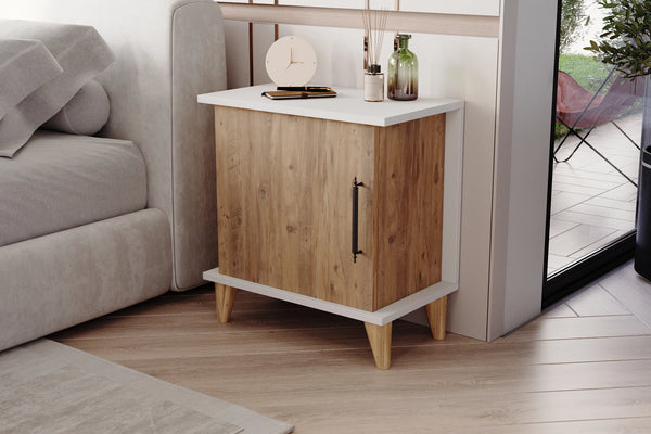 Adela light pine effect bedside cabinet with two open shelves and cupboard - Sohowells