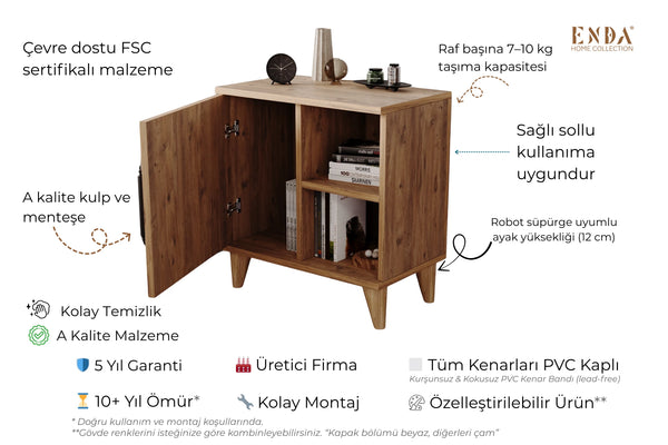 Angled view of light pine bedside cabinet showing raised legs and metal handle - Sohowells