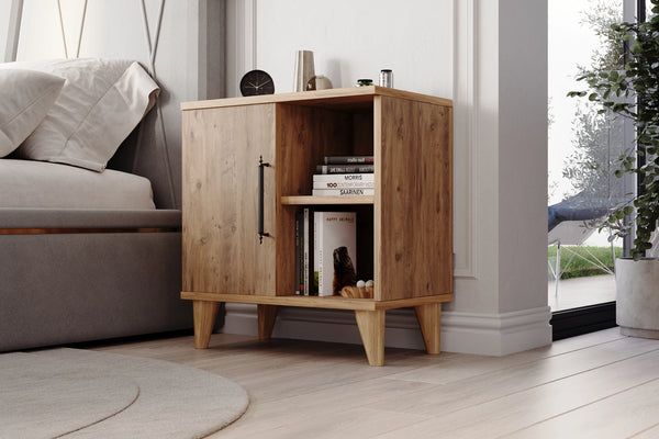 Close up detail of metal handle and light pine finish on bedside cabinet - Sohowells