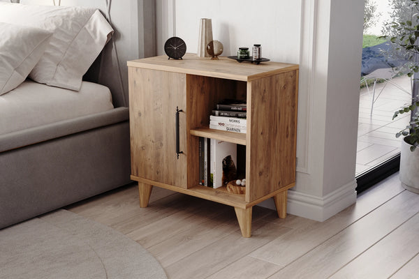 Light pine effect three compartment bedside cabinet with door and open shelves - Sohowells