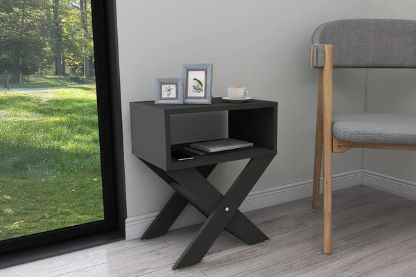 Anthracite X-leg bedside table shown in a bedroom setting - Sohowells