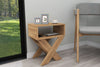 Angled view of light pine X-leg side table showing crossed leg frame - Sohowells