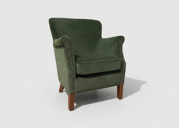 Green velvet Cromarty armchair showing curved padded back - Sohowells