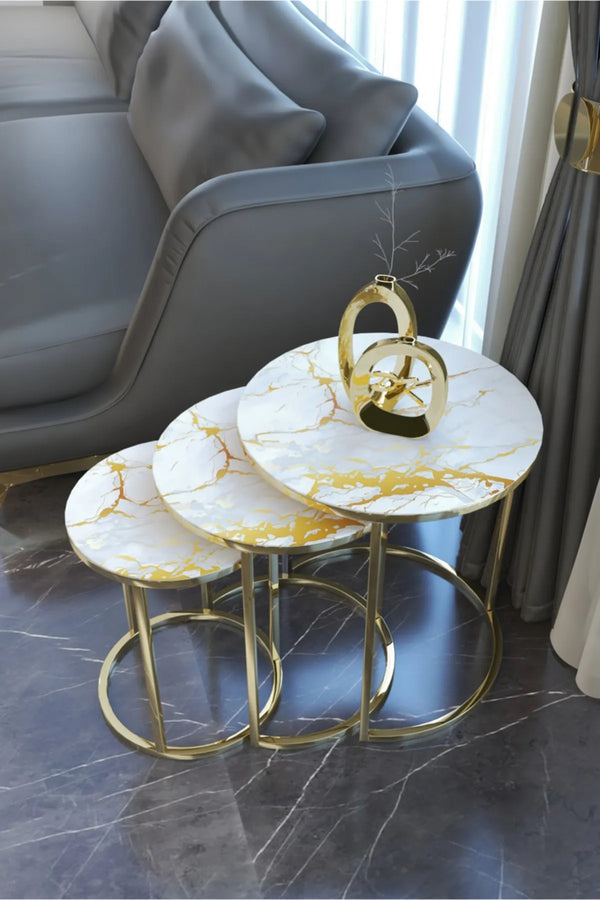 Siena Round Nest Of Tables Set - 3 Pieces Nesting Table Tempered Glass Top